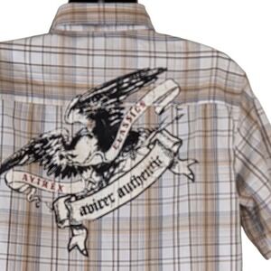 Avirex Plaid Shirt Short Sleeve Button Up Eagle Graphic Casual‎ Top Large